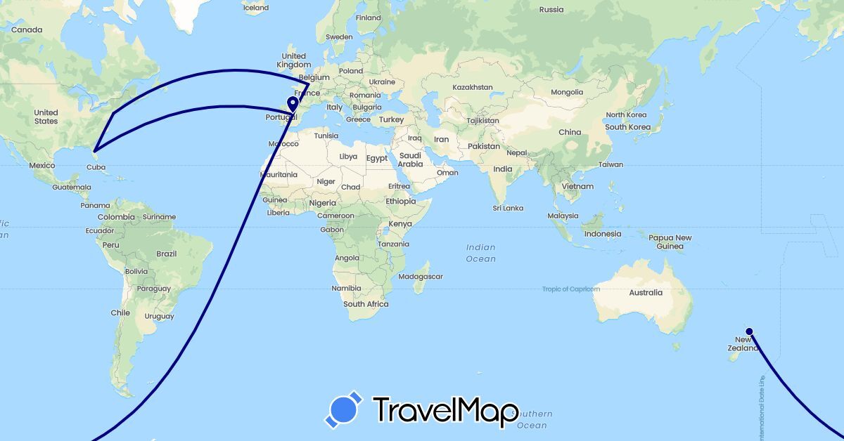 TravelMap itinerary: driving in Spain, France, Morocco, New Zealand, United States (Africa, Europe, North America, Oceania)